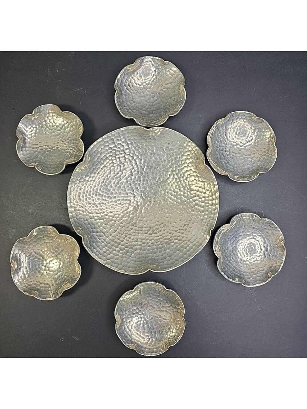 Banka Tinwerk Bowl Set Of 7 Hand Hammered 3 Footed Serving Dish Set Indonesia
